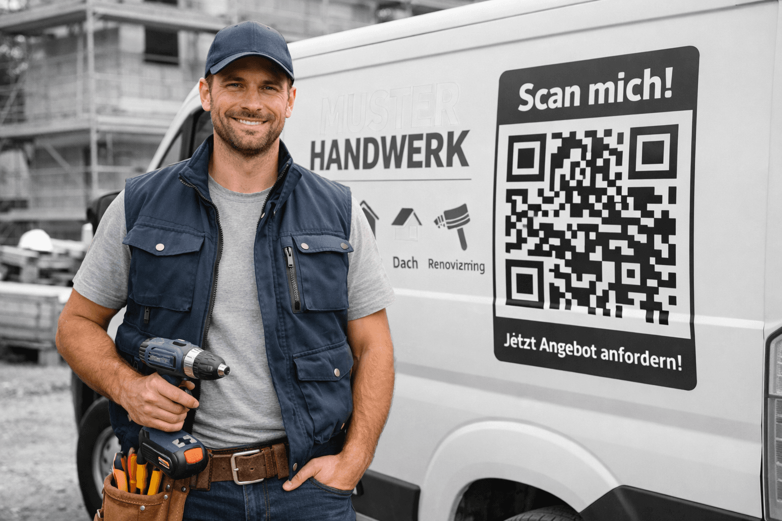 Handwerker Werbung auf Fahrzeug mit QR-Code für Angebote und Anfragen Handwerk